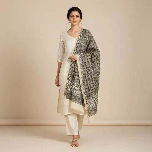 Model wearing cream & indigo Ajrakh block print dupatta — alternate drape view