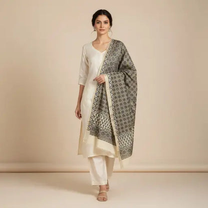Model wearing cream & indigo Ajrakh block print dupatta — alternate drape view