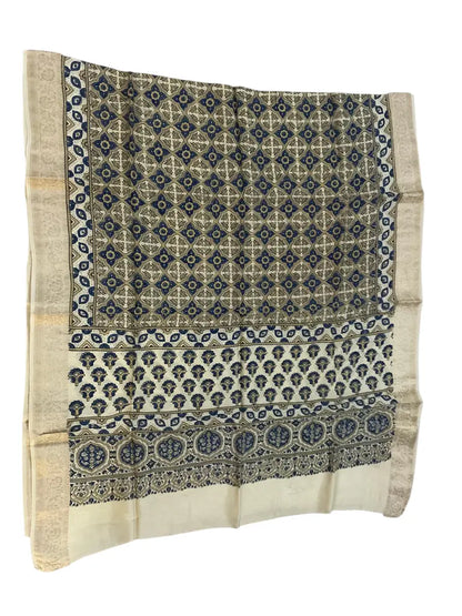 Cream & Indigo hand block printed Ajrakh dupatta laid flat showing geometric jaal print, pallu and zari border