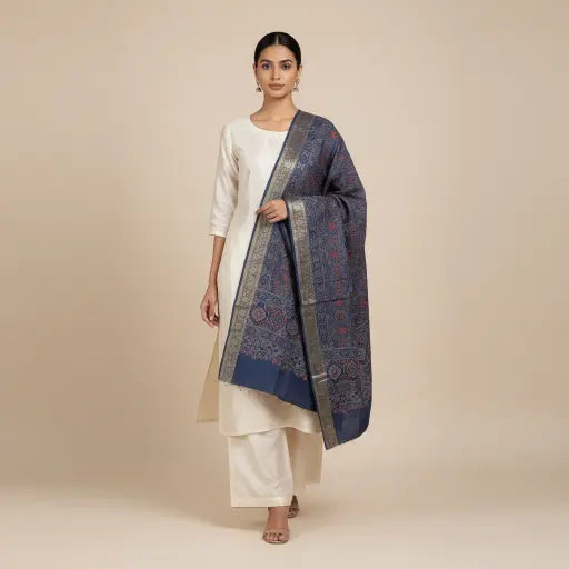Model wearing indigo blue & red Ajrakh block print dupatta — alternate drape view
