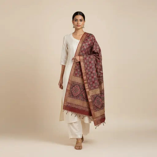 Model wearing wine maroon Ajrakh block print dupatta — alternate drape view