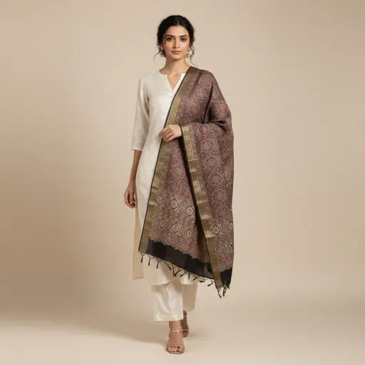 Charcoal Black & Red Ajrakh dola silk dupatta with gold zari border styled over a kurta