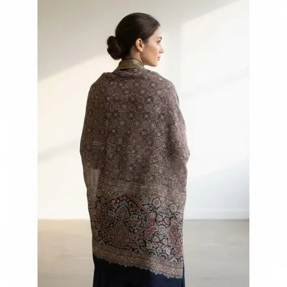 Model wearing charcoal black & red Ajrakh block print dupatta — alternate drape view