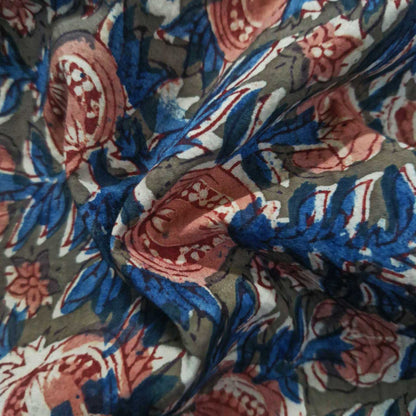 Natural Kalamkari Block Printed Pure Cotton Fabric – Terracotta & Indigo Pomegranate Vine Motif