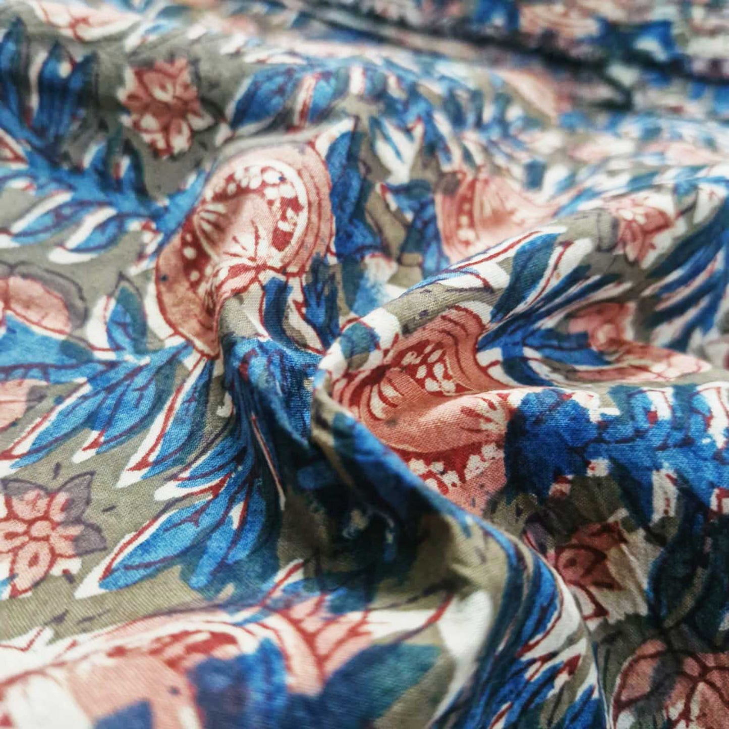 Natural Kalamkari Block Printed Pure Cotton Fabric – Terracotta & Indigo Pomegranate Vine Motif