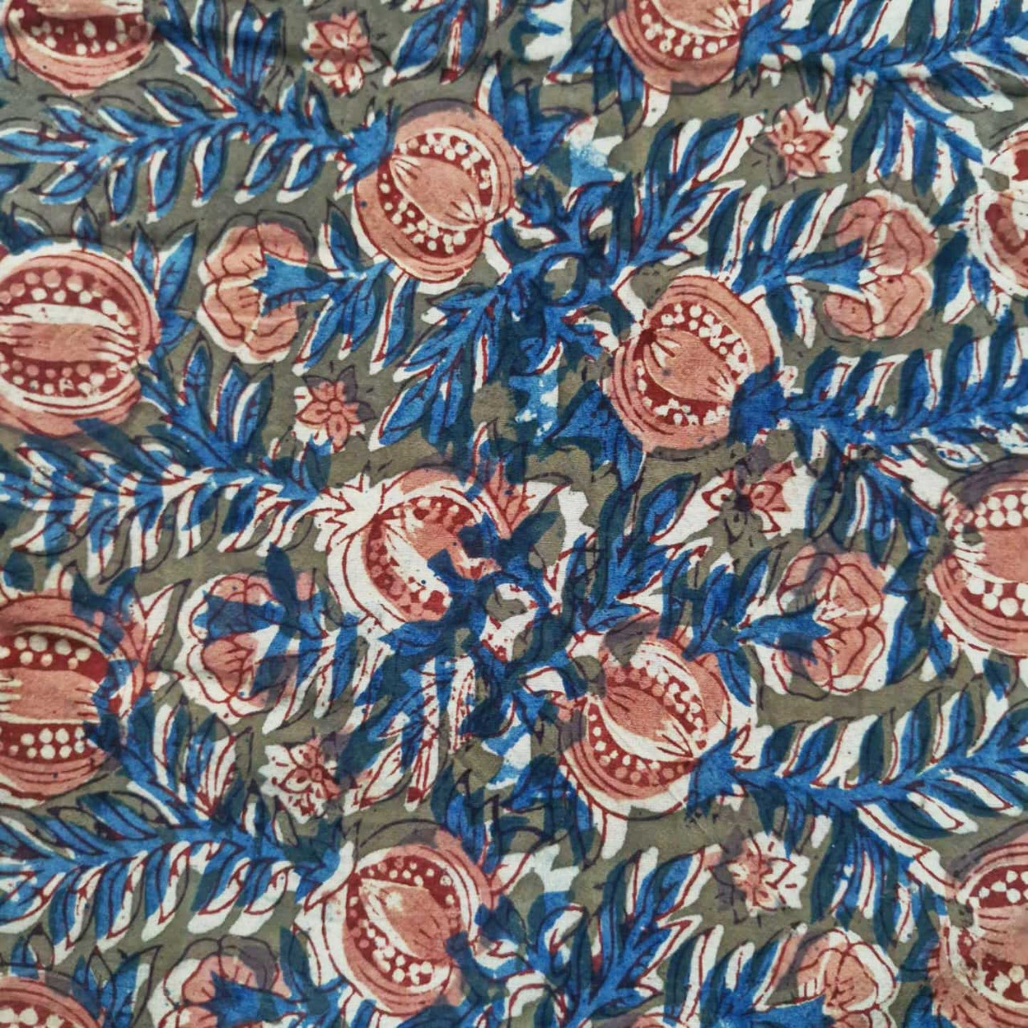 Natural Kalamkari Block Printed Pure Cotton Fabric – Terracotta & Indigo Pomegranate Vine Motif