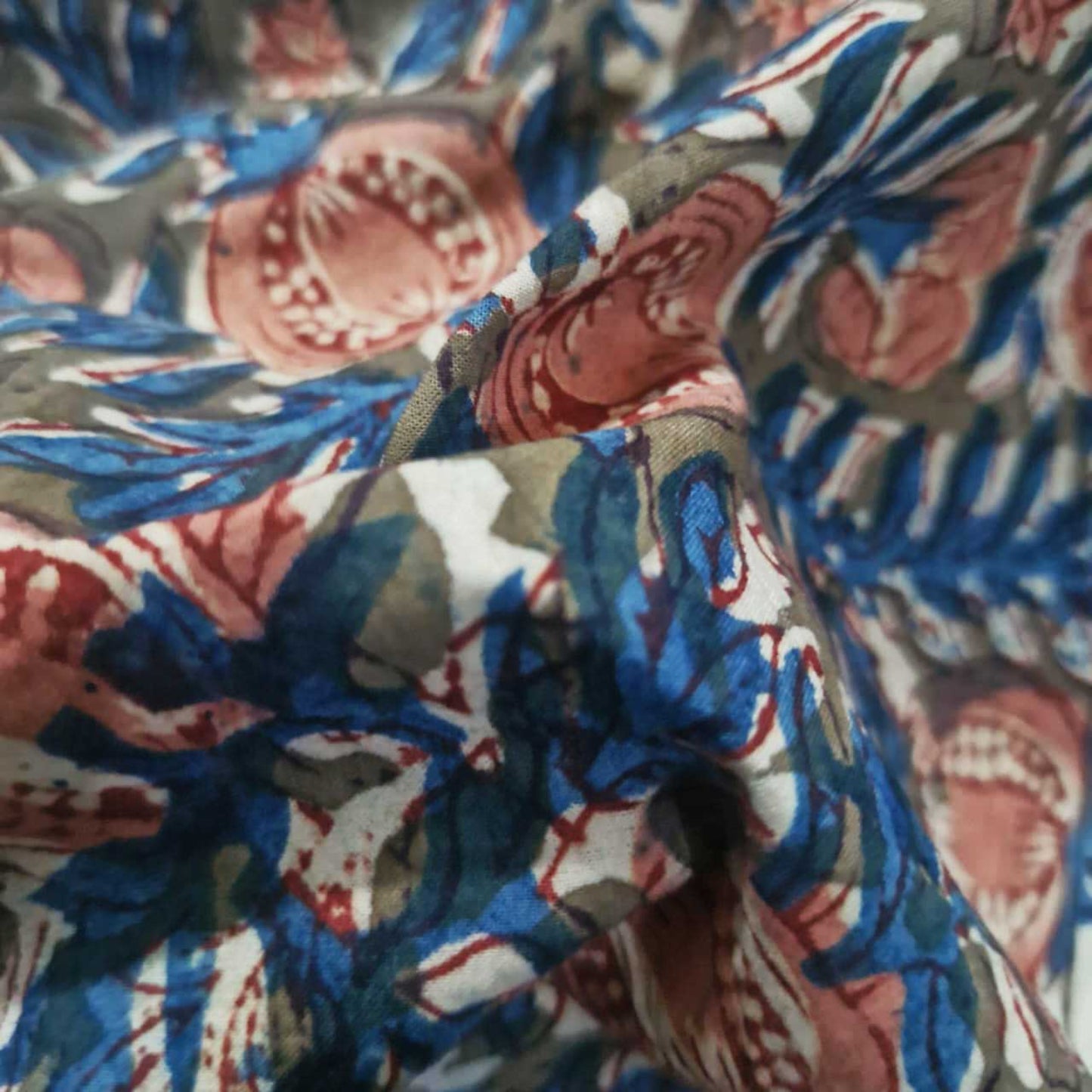 Natural Kalamkari Block Printed Pure Cotton Fabric – Terracotta & Indigo Pomegranate Vine Motif
