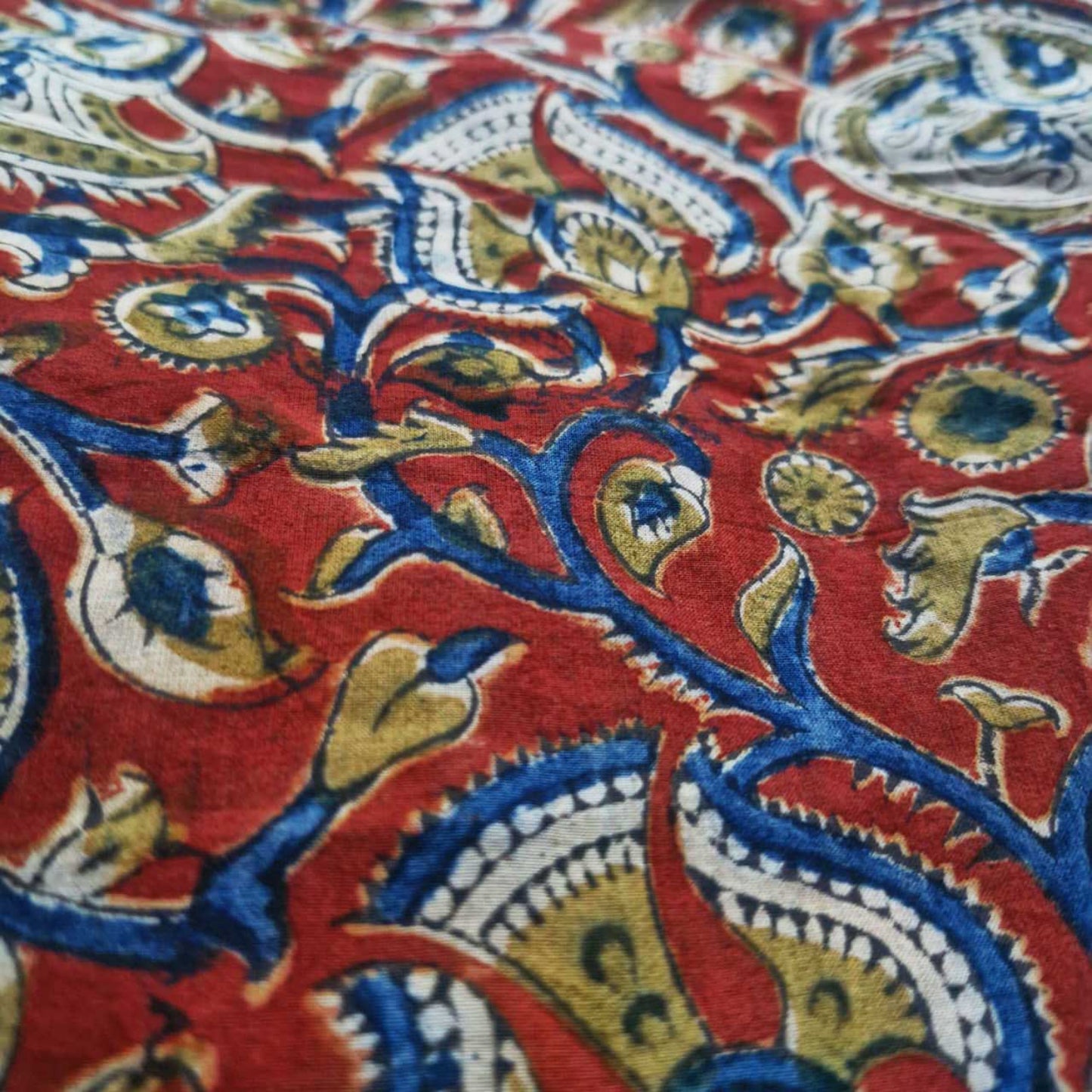 Natural Kalamkari Block Printed Pure Cotton Fabric – Terracotta & Indigo