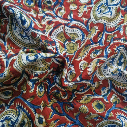 Natural Kalamkari Block Printed Pure Cotton Fabric – Terracotta & Indigo