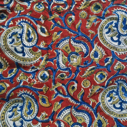 Natural Kalamkari Block Printed Pure Cotton Fabric – Terracotta & Indigo