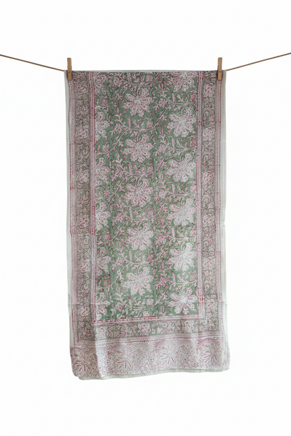 Kalamkari Hand Block Printed Modal Silk Stole – White & Green Floral, 210x55cm