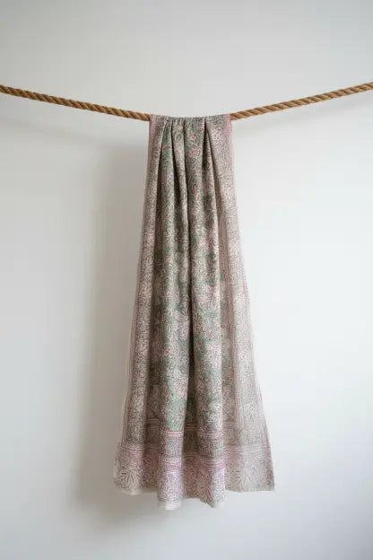 Kalamkari Hand Block Printed Modal Silk Stole – White & Green Floral, 210x55cm