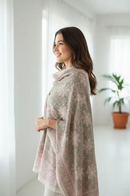 Kalamkari Hand Block Printed Modal Silk Stole – White & Green Floral, 210x55cm