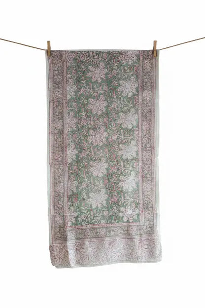 Kalamkari Hand Block Printed Modal Silk Stole – White & Green Floral, 210x55cm