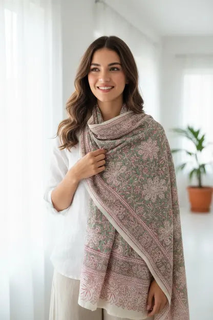 Kalamkari Hand Block Printed Modal Silk Stole – White & Green Floral, 210x55cm
