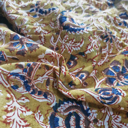 Natural Kalamkari Block Printed Pure Cotton Fabric – Terracotta & Indigo