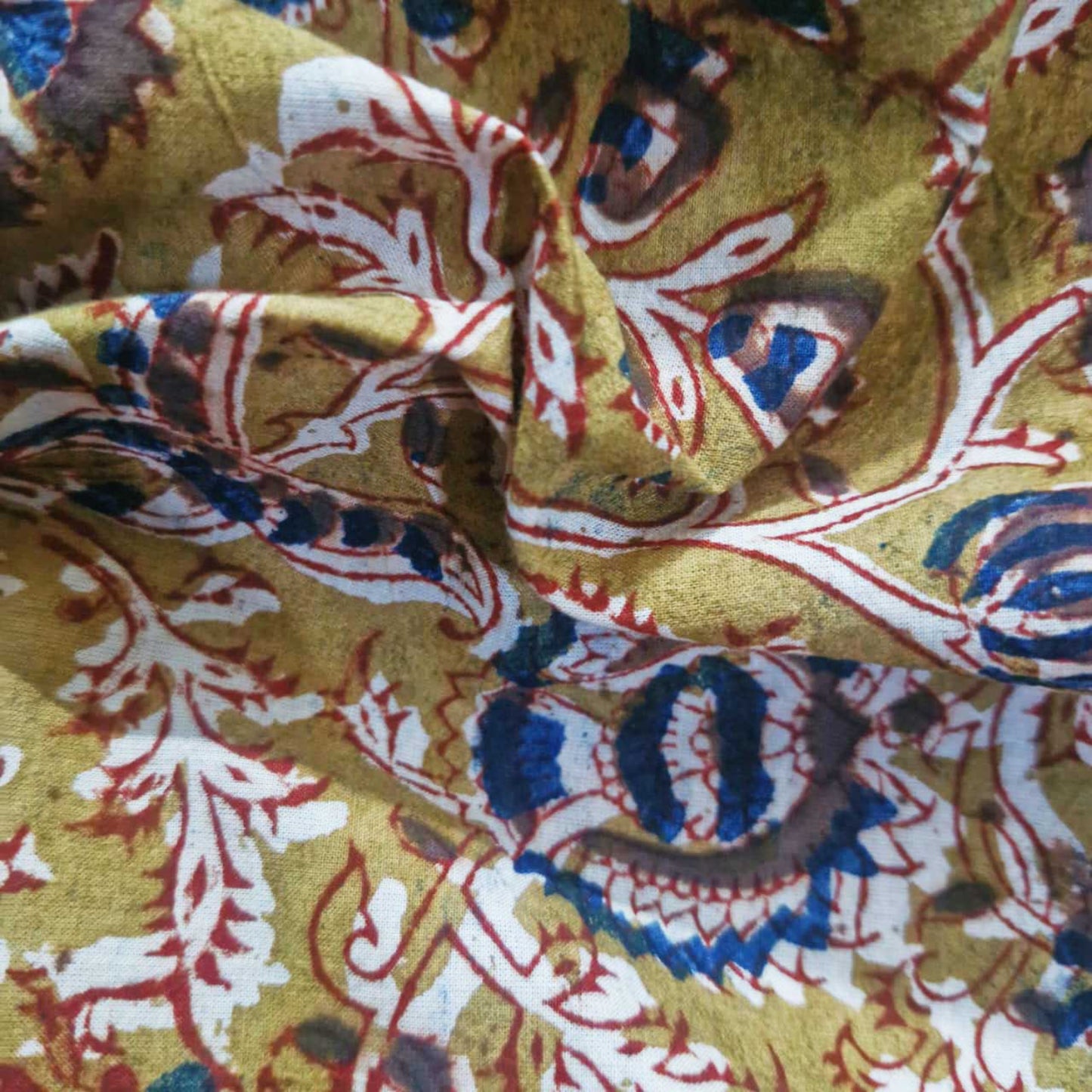 Natural Kalamkari Block Printed Pure Cotton Fabric – Terracotta & Indigo