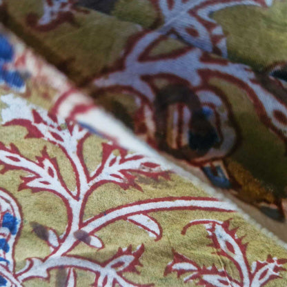 Natural Kalamkari Block Printed Pure Cotton Fabric – Terracotta & Indigo