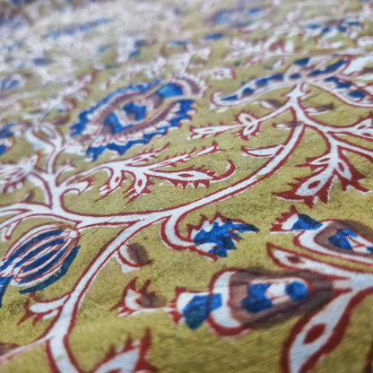 Natural Kalamkari Block Printed Pure Cotton Fabric – Terracotta & Indigo