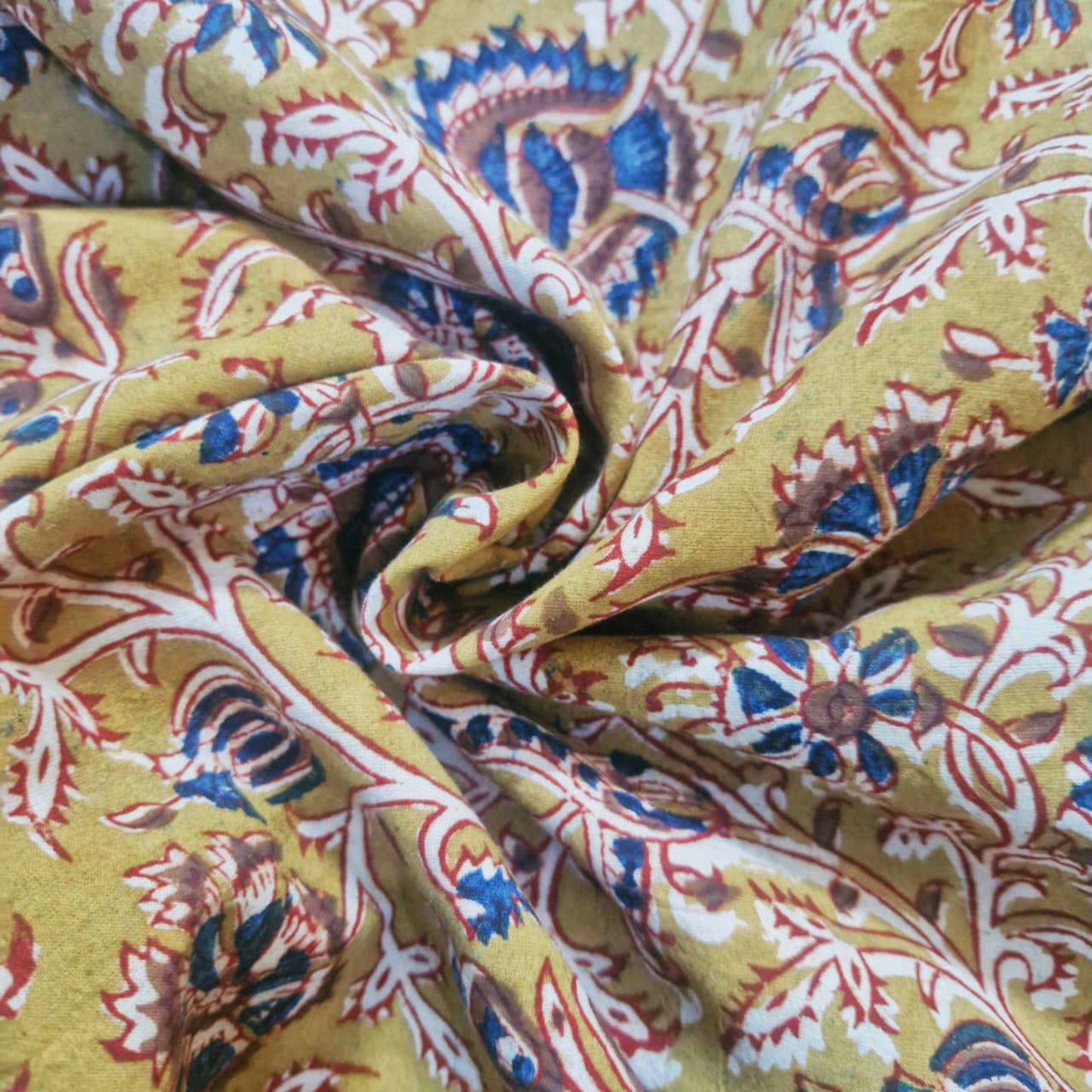 Natural Kalamkari Block Printed Pure Cotton Fabric – Terracotta & Indigo