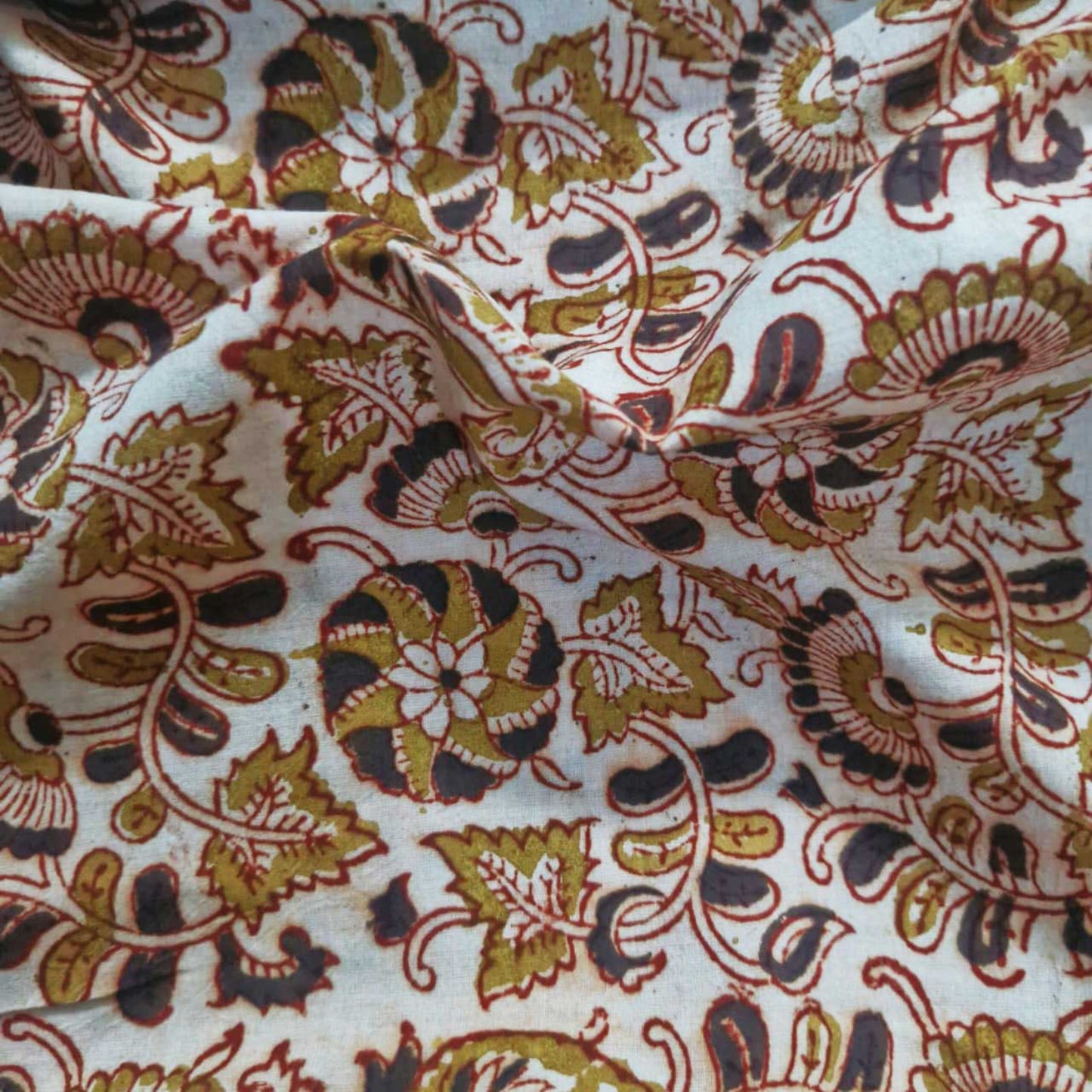 Natural Kalamkari Block Printed Pure Cotton Fabric – Terracotta & Indigo
