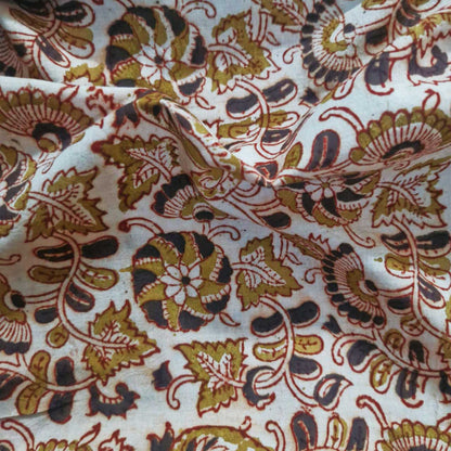 Natural Kalamkari Block Printed Pure Cotton Fabric – Terracotta & Indigo