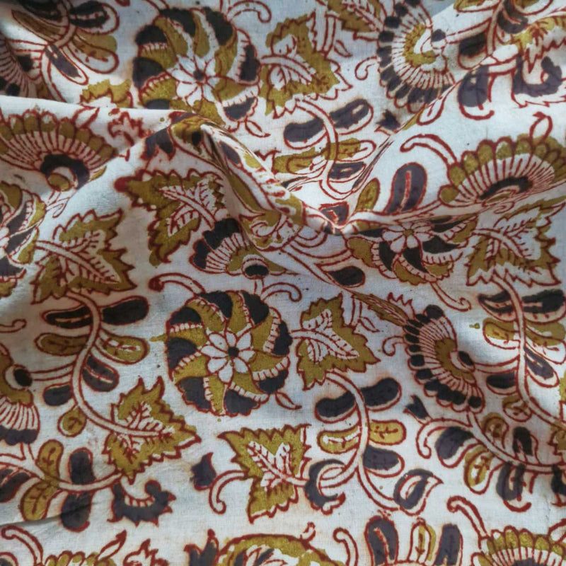 Natural Kalamkari Block Printed Pure Cotton Fabric – Terracotta & Indigo