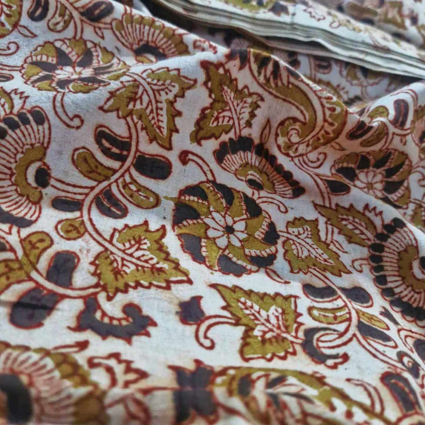 Natural Kalamkari Block Printed Pure Cotton Fabric – Terracotta & Indigo