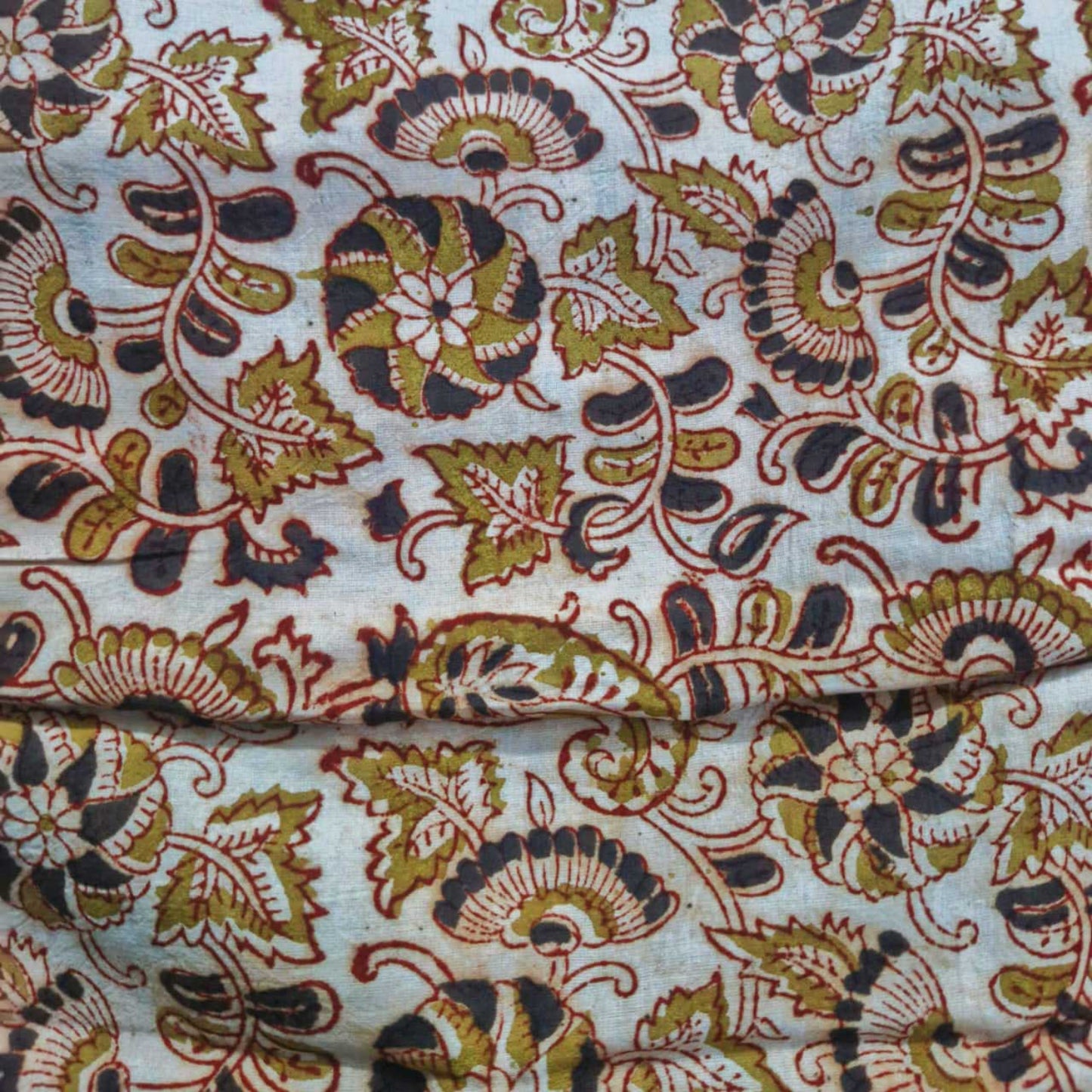 Natural Kalamkari Block Printed Pure Cotton Fabric – Terracotta & Indigo