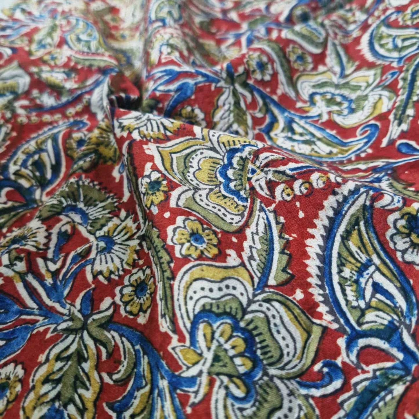 Natural Kalamkari Block Printed Pure Cotton Fabric – Terracotta & Indigo