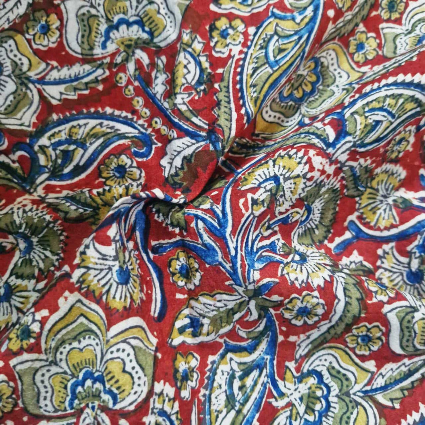 Natural Kalamkari Block Printed Pure Cotton Fabric – Terracotta & Indigo