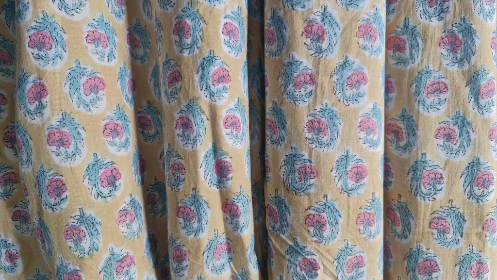 Handblock Floral Print Cotton Fabric – Blue Base with Pink & Green Botanical Motifs