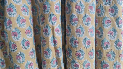Handblock Floral Print Cotton Fabric – Blue Base with Pink & Green Botanical Motifs