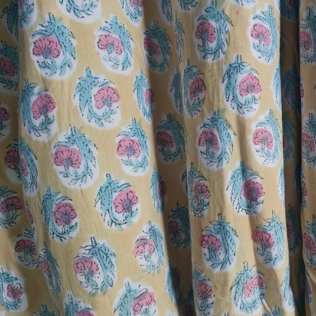 Handblock Floral Print Cotton Fabric – Blue Base with Pink & Green Botanical Motifs