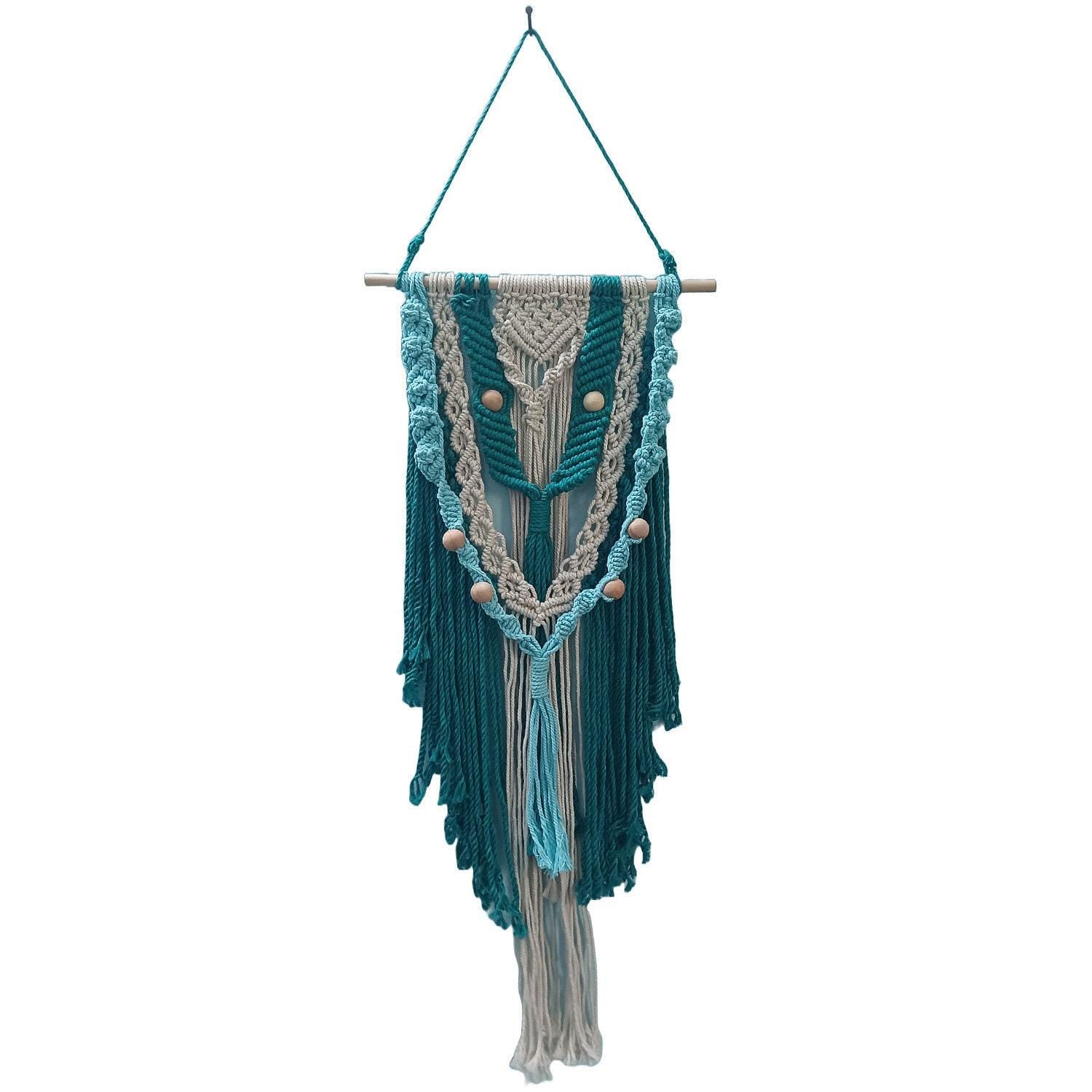 Crochet Wall Hanging | Teal & Beige Macramé, Boho Fiber Art