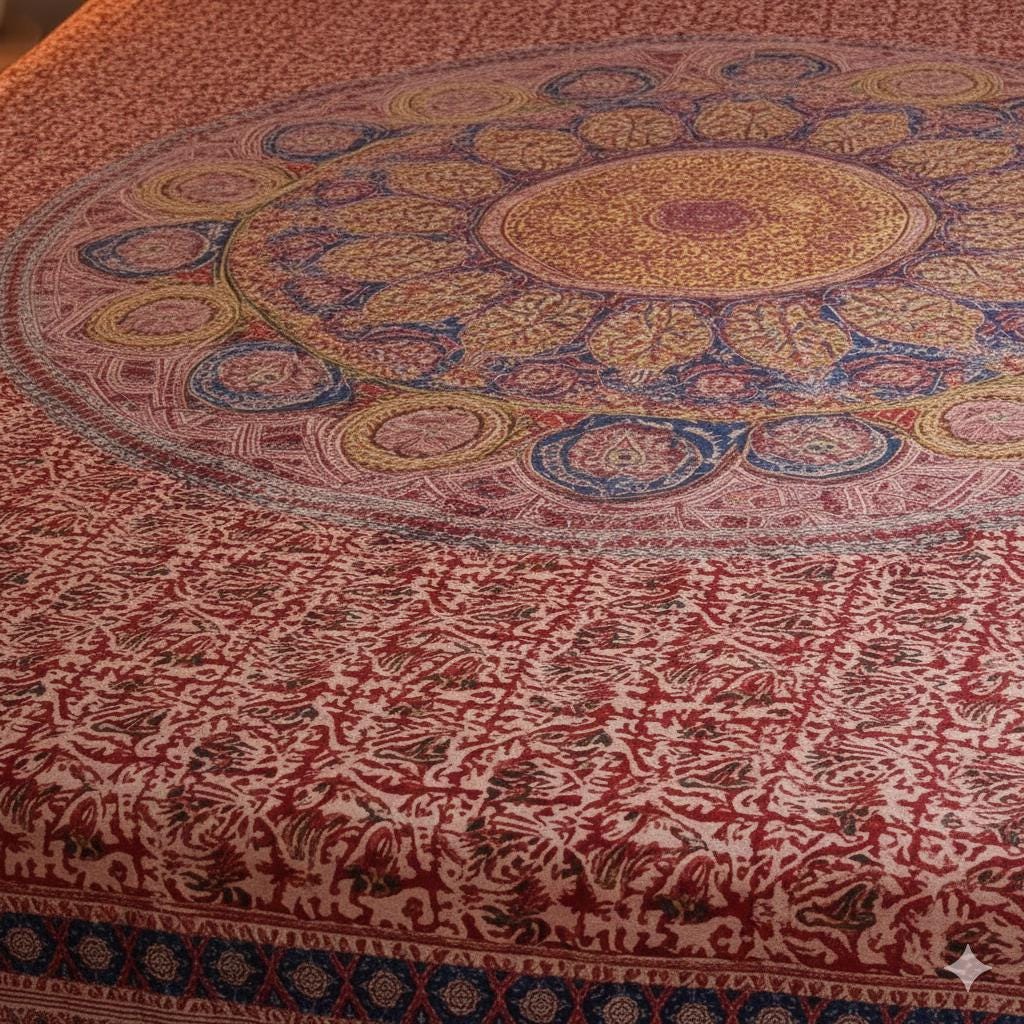 Kalamkari Block Printed Cotton Bedsheet with Floral and Traditional Motifs – 238 x 238 cm