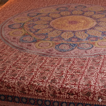 Kalamkari Block Printed Cotton Bedsheet with Floral and Traditional Motifs – 238 x 238 cm
