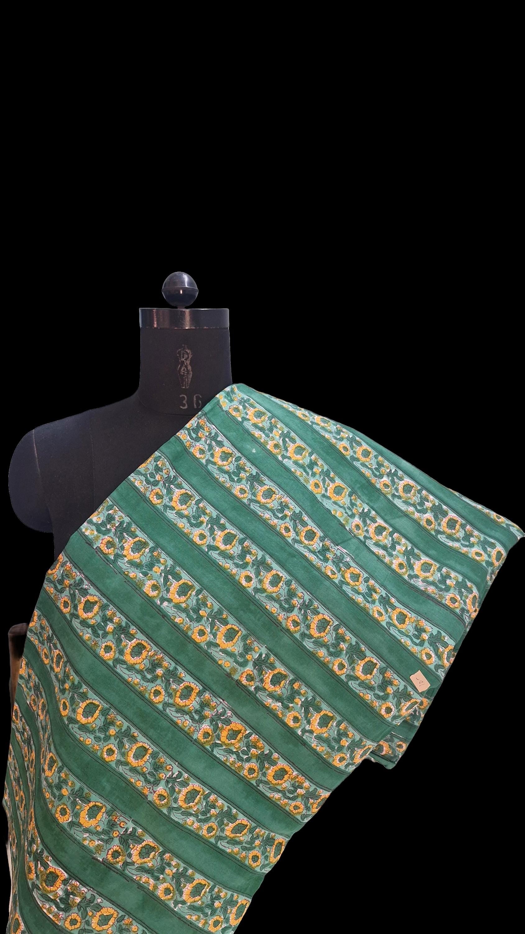 Handblock Printed Bagru Cotton Fabric – Green Floral Print Textile by the Yard