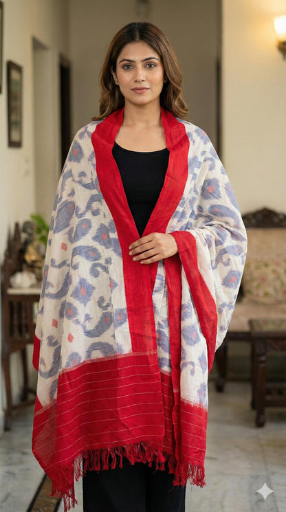 Handcrafted Pure Cotton Ikkat Stole in Crimson & Azure