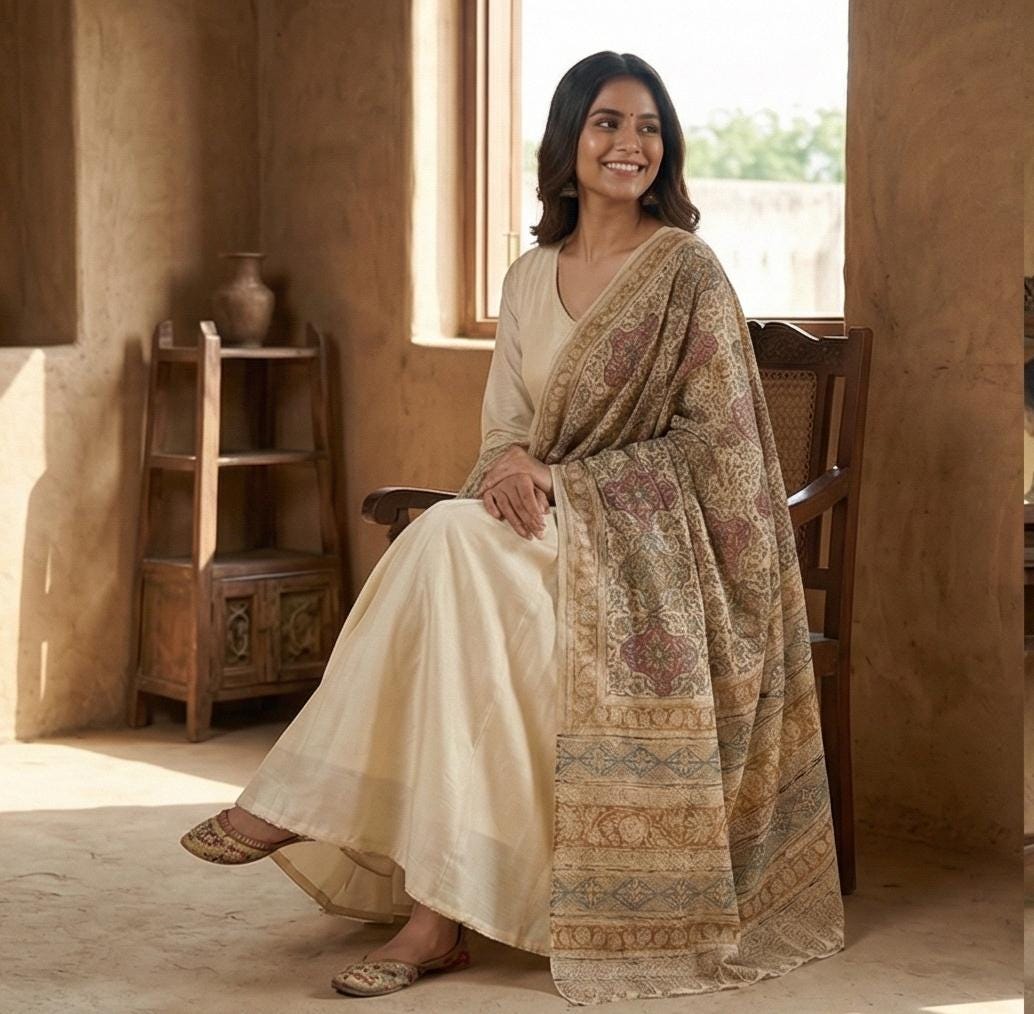 Golden Ochre Floral Vine Kalamkari Hand-Block Printed Cotton Dupatta