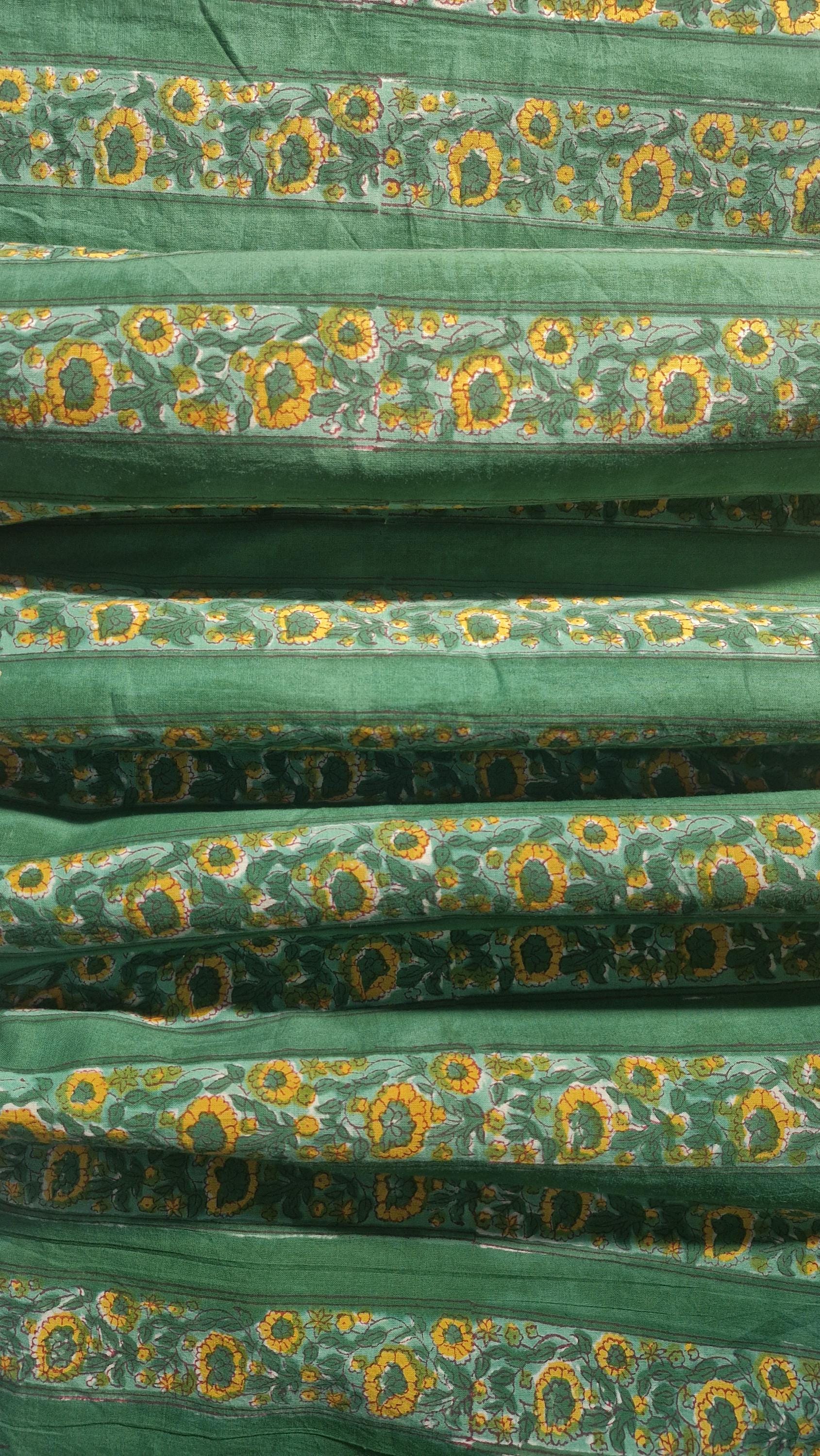 Handblock Printed Bagru Cotton Fabric – Green Floral Print Textile by the Yard