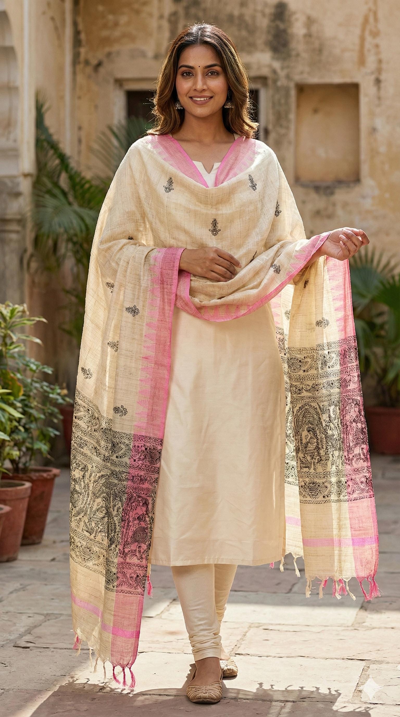 Hand Painted Madhubani Tussar Ghicha Silk Dupatta with Pink Border