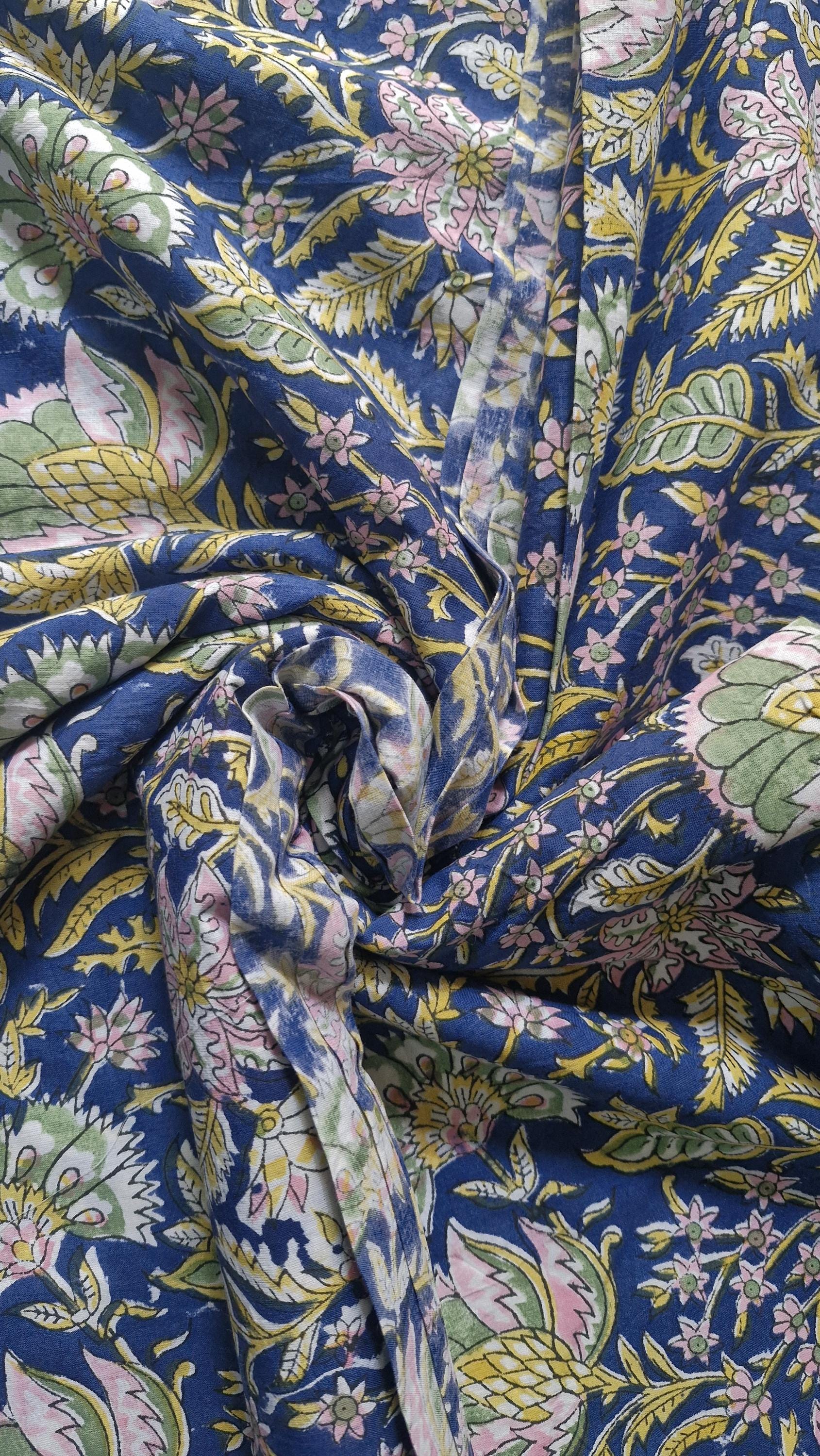 Indigo Blue Bagru Handblock Printed Cotton Fabric – Pastel Floral Jaal Design