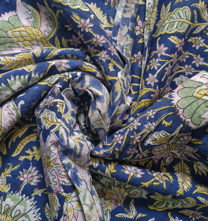 Indigo Blue Sanganeri Handblock Printed Cotton Fabric – Pastel Floral Jaal Design