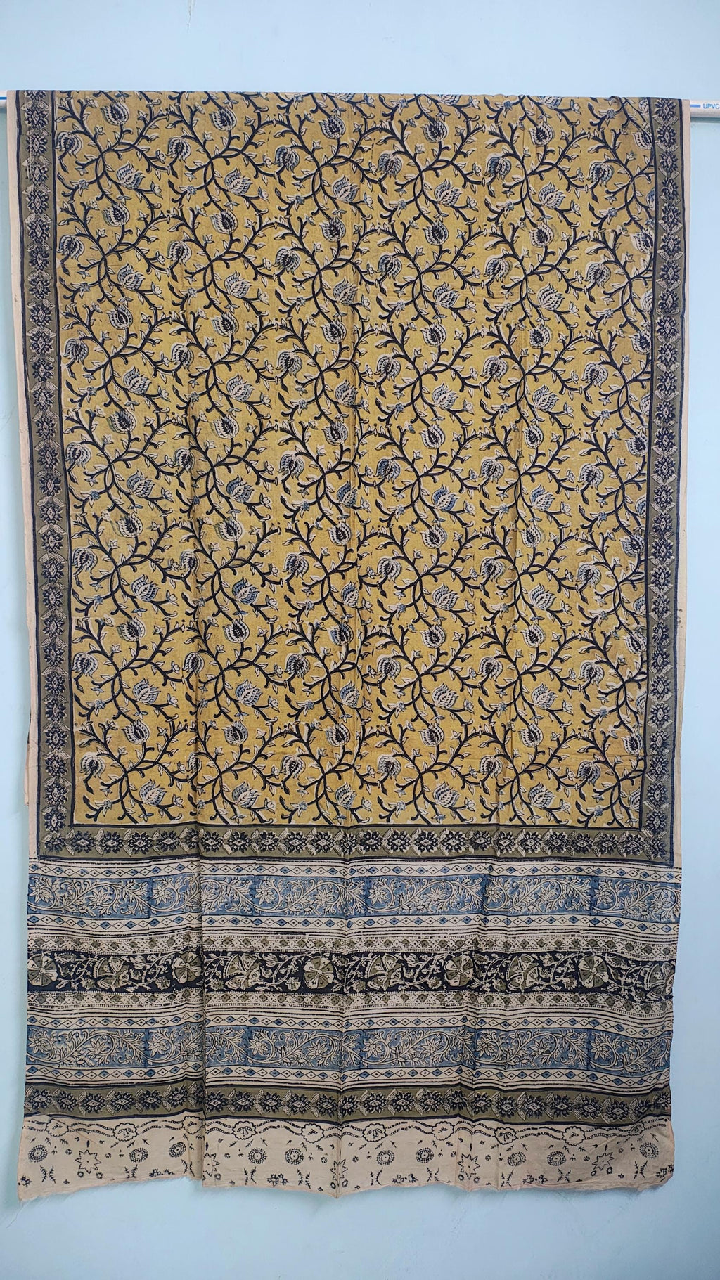 Mustard Yellow & Indigo Hand Block Printed Kalamkari Cotton Dupatta