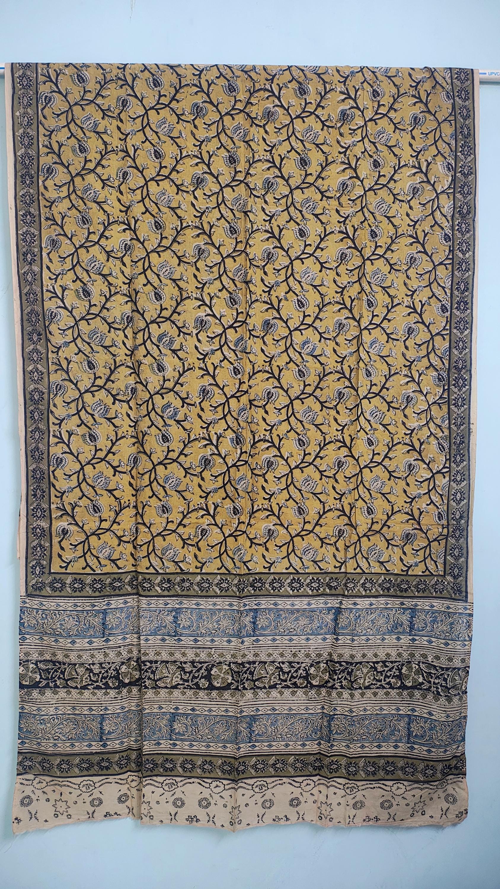 Mustard Yellow & Indigo Hand Block Printed Kalamkari Cotton Dupatta
