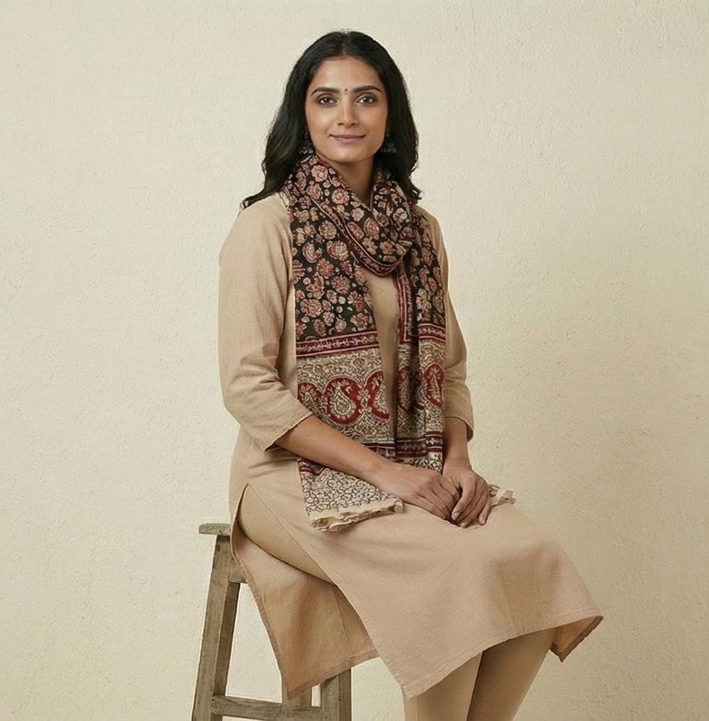 Midnight Bloom Kalamkari Stole - Black & Rust Hand Block Print (120 x 185 cm)