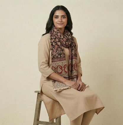Midnight Bloom Kalamkari Stole - Black & Rust Hand Block Print (120 x 185 cm)