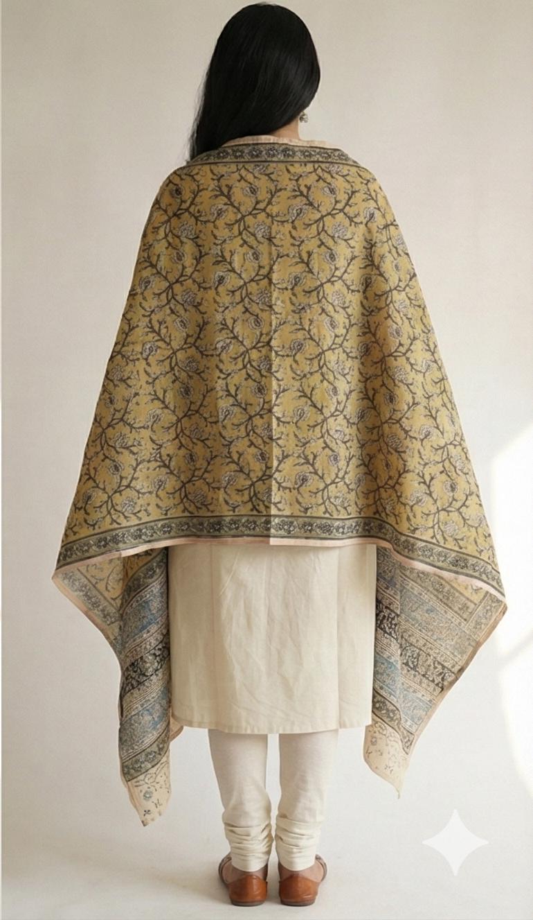 Mustard Yellow & Indigo Hand Block Printed Kalamkari Cotton Dupatta