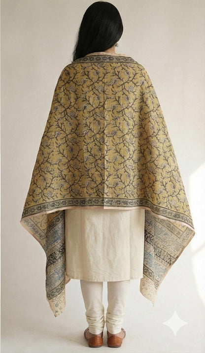 Mustard Yellow & Indigo Hand Block Printed Kalamkari Cotton Dupatta